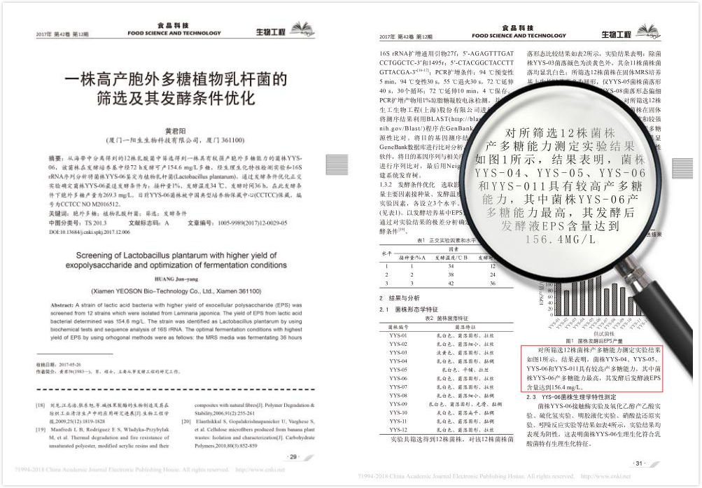 CA88焦点专利菌种（YYS-06）相关文献收录于重量级期刊《食物